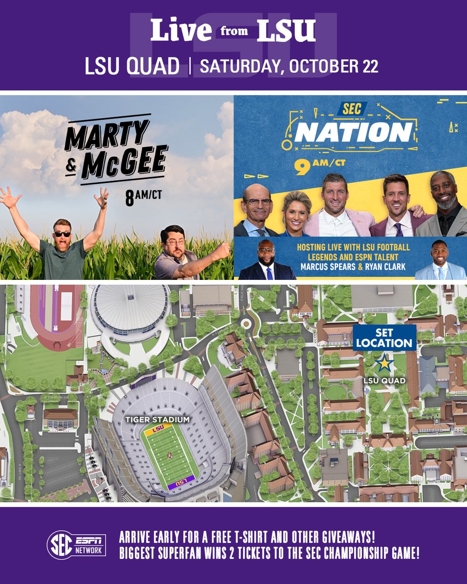 📺 SEC Nation returns to campus Saturday. They are giving out free t-shirts and other prizes to fans in attendance, so let’s pack the Quad! 💜💛 📰 lsusports.net/news/2022/10/1…