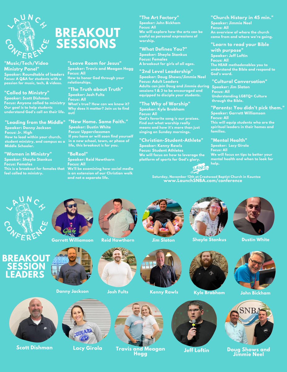 LaunchSnba's tweet image. 🚀 Launch Conference Breakouts 🚀

Here are our leaders and their breakouts! We can’t wait for your students to experience this powerful weekend. We’ve got breakouts for everyone from 6th graders to youth workers. We’ll see you all on November 12th!