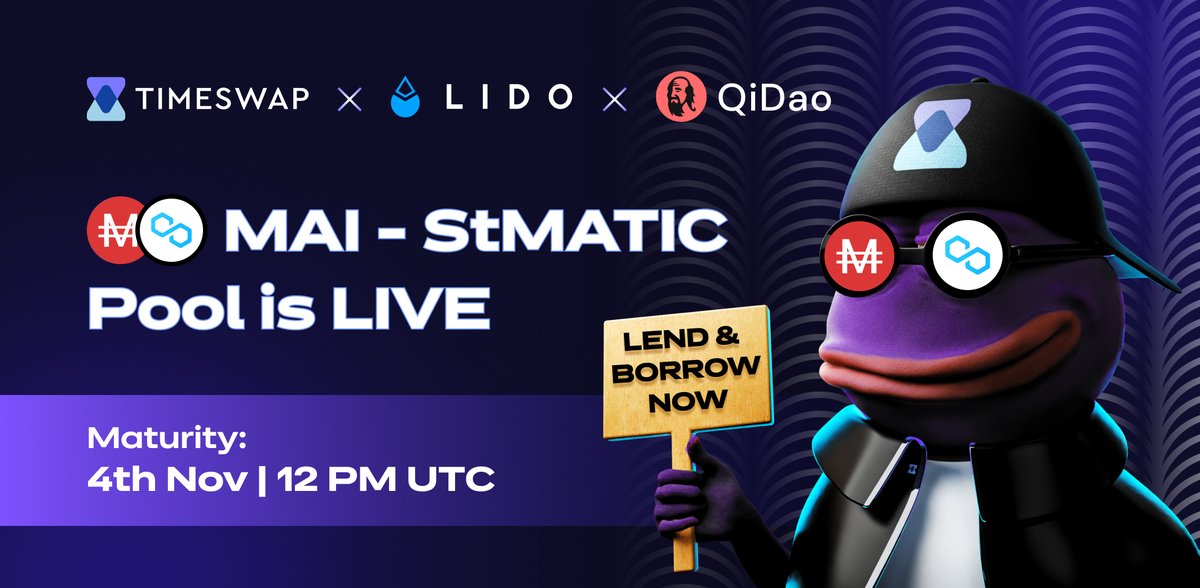 TimeswapLabs's tweet photo. Gm 👨‍🚀

It’s  time to unleash composability offered by DeFi on @0xPolygon. 

$StMATIC is live!

@TimeswapLabs 🤝@QiDaoProtocol 🤝 @LidoFinance 

Lend &amp; Borrow $MAI by using StMATIC as collateral while it accrues sweet yield, leverage the power of LSD….and never get liquidated. https://t.co/2Z2GA3VrTC