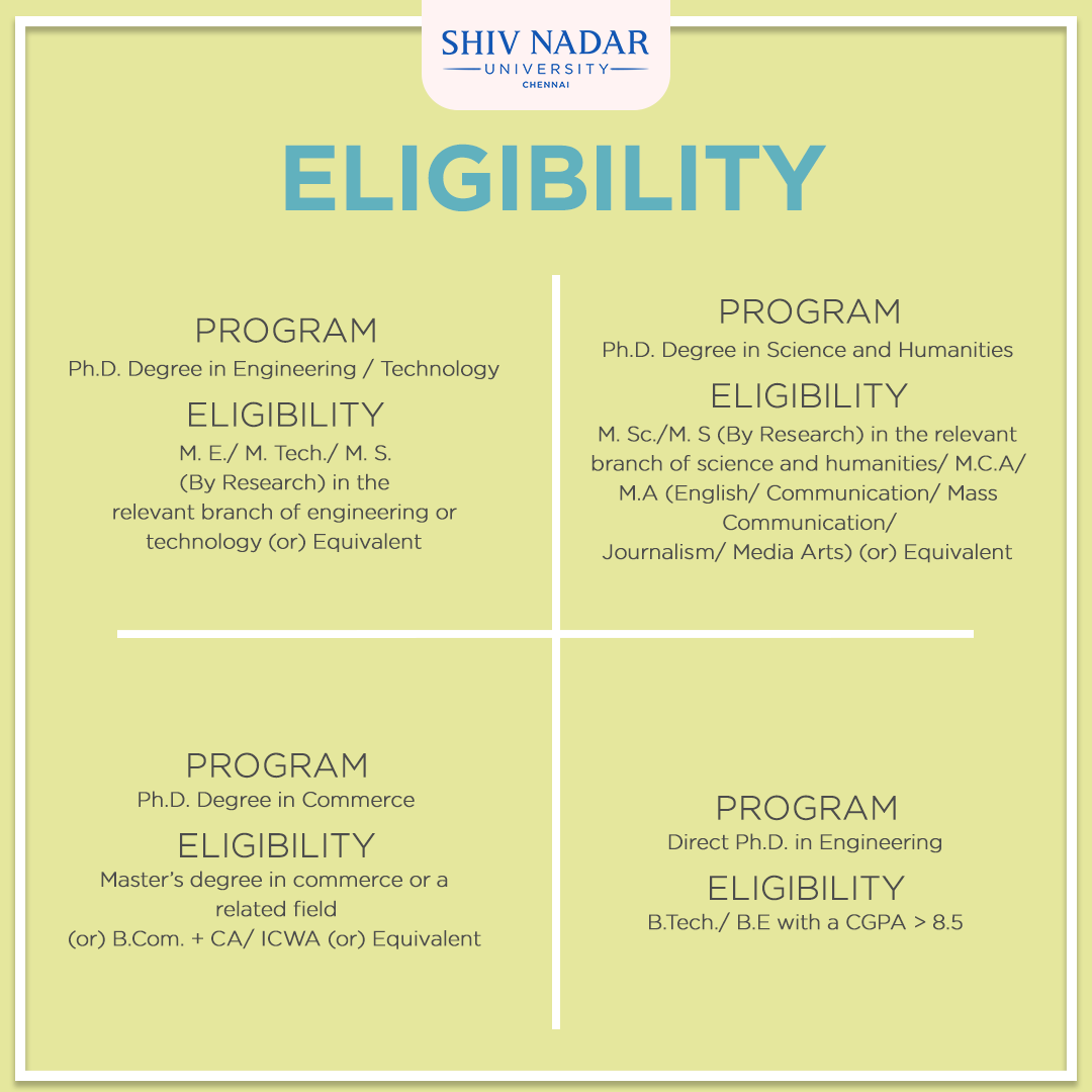 SNUChennai's tweet photo. Get ready to launch a future-forward career in research by pursuing PhD at Shiv Nadar University Chennai. 

Swipe to see the eligibility criteria for the admission.

#ShivNadarUniversityChennai #ThinkFuture #PHDCourses #DoctoralCourses #PHDadmissions #AdmissionsOpen #ApplyNow https://t.co/okpZ7PgZil