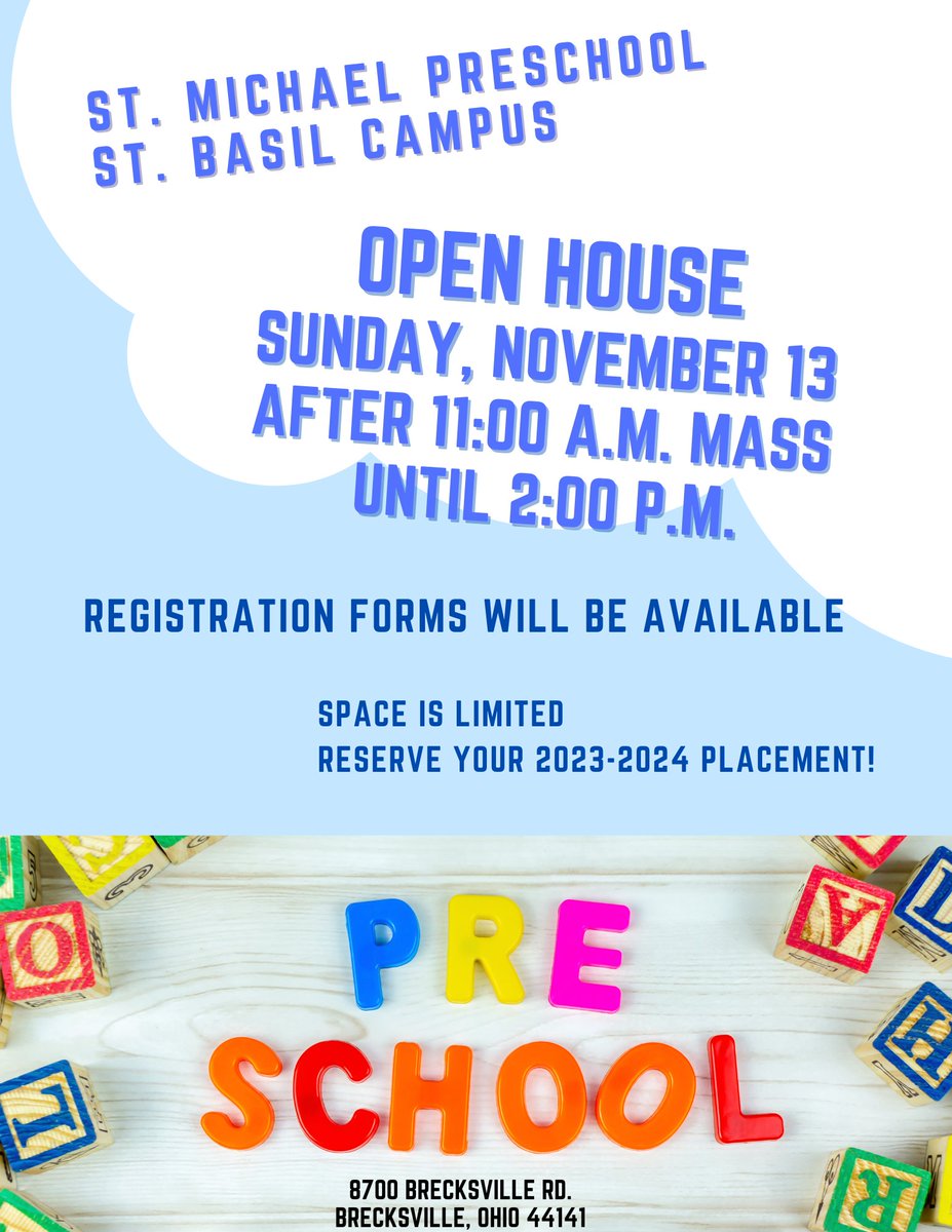 Looking for just the right school for your child- Please join us for our Pre-School Open House on Sunday, November 13th at our St. Basil Campus after the 11 am mass.  Come check us out! #smsblueangels #preschoolopenhouse #smspride
stmichaelschoolinfo.com/preschool