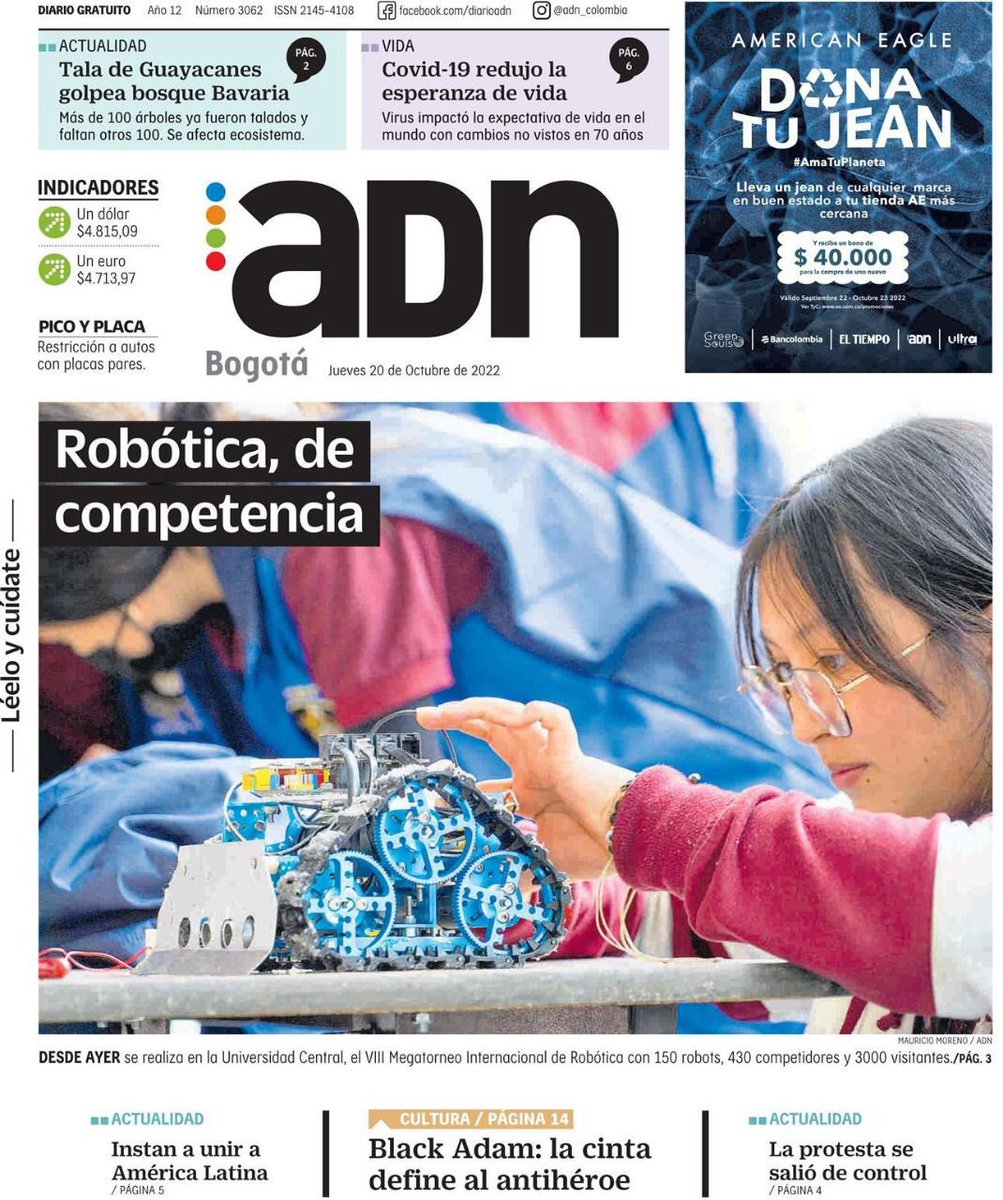 ucentralbogota's tweet photo. El diario @adncolombia destaca el Megatorneo de robótica #Runibot en su portada, realizado en el Faenza - Teatro de la Paz. ¡Fomentamos el estudio en ciencia y tecnología! 🦾🤖 #UCentral https://t.co/j4TITnp56Z