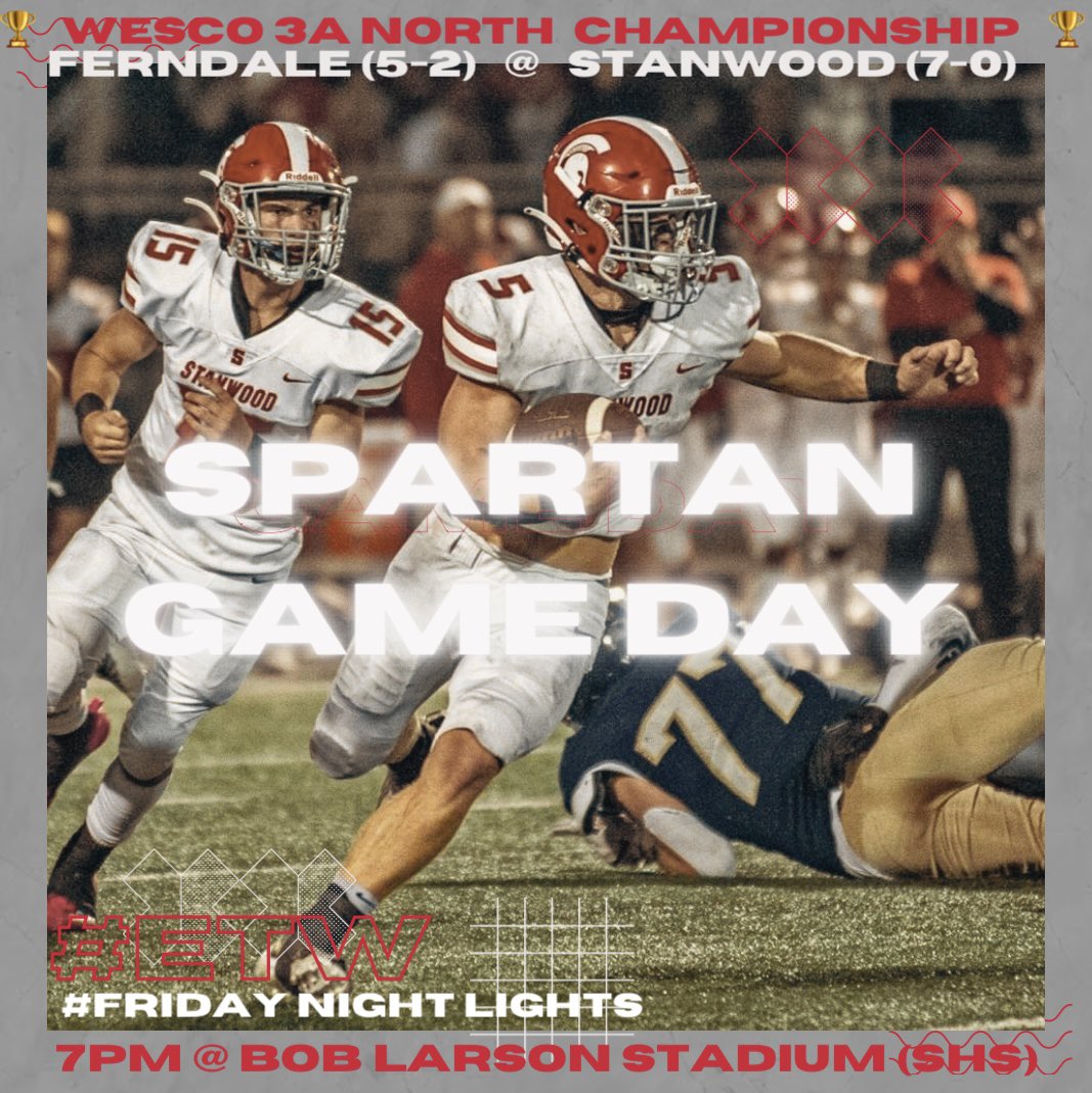 StanwoodSpartan's tweet photo. It’s a Spartan Football Game Day! Back at home for the first time in a month and playing for the Wesco 3A North crown - gonna be an event! Did you hear it’s the King 5 / DQ Big Game of the Week too?👀

Ferndale Golden Eagles (5-2)
   vs
Stanwood Spartans (7-0)

#ETW @KING5Sports https://t.co/4871EZzsD5