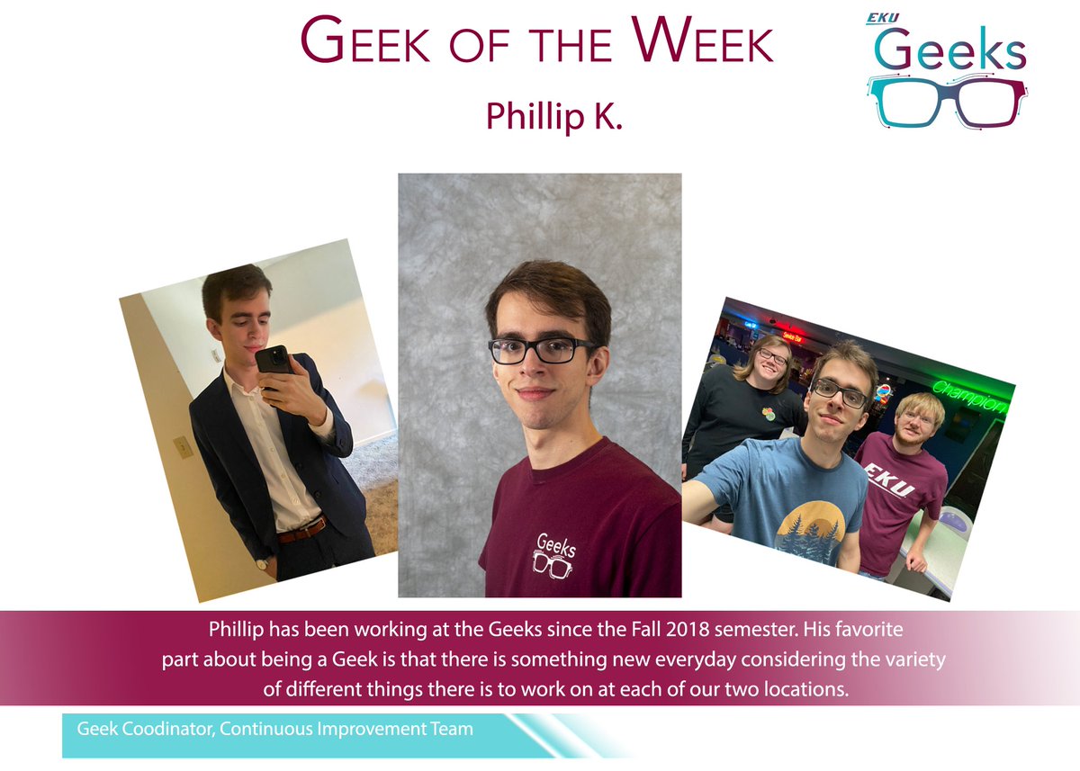 EKUGEEKS's tweet photo. We're rolling out our Geek of the Week posts, where we feature one of our workers!
#eku #ekugeeks https://t.co/6gf3LTCMr2