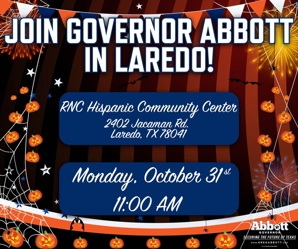 TheHelenaB's tweet photo. 🚨BIG NEWS 🚨 Gov. @GregAbbott_TX will be visiting our Community Center of #WebbCo on Oct. 31st @ 11am for a #GOTV rally 🤩 Bring your wife, husband, friend, tias, tíos abuelitos anyone! &amp; let’s give him a warm welcome &amp; get pumped for #ElectionDay ❤️🇺🇸❤️ https://t.co/m2L2HN69YF