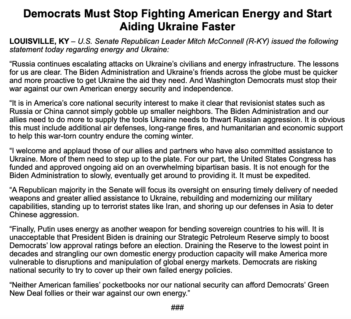 👀 McConnell breaks with McCarthy on Ukraine & touts military aid already approved “on an overwhelming bipartisan basis.” “A Republican majority in the Senate will focus its oversight on ensuring timely delivery of needed weapons and greater allied assistance to Ukraine...”