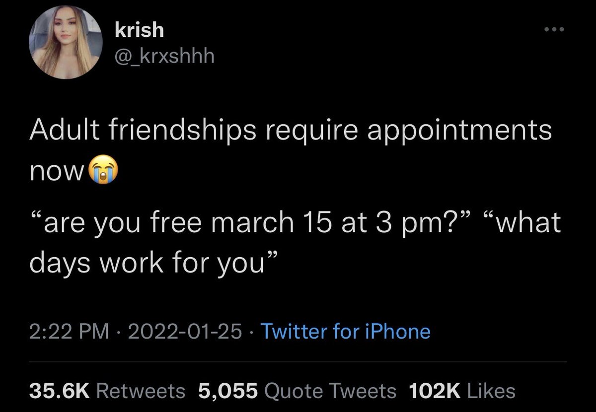 floqque's tweet image. Adult friendships require appointments now.  &quot;Are you free March 15 at 3 pm?&quot;  &quot;What days work for you?&quot;

#thereshouldbeanappforthat #appointments #bookings  #enroutebyfloqque #arrivallist #floqquetechnology