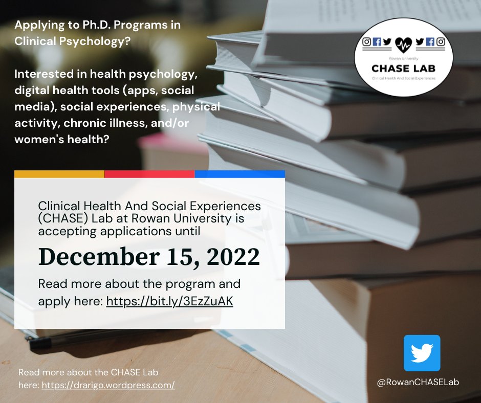 RowanCHASELab's tweet photo. 'Tis the season for grad school applications! If you're interested in a clinical psychology Ph.D. w/emphasis in health psychology/behavioral medicine, consider @RowanPsych @RowanUniversity &amp; @RowanCHASELab! Details below &amp; at https://t.co/Yp5lsth8QT.

#WomensHealth #DigitalHealth https://t.co/y0wA9myk39