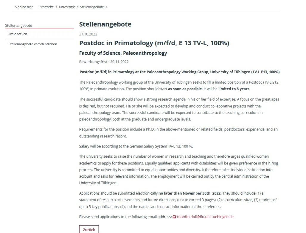 The Harvati lab at University of Tübingen (@harvatilab_tue) on Twitter photo 📢 Join our team #jobopportunity
Postdoc in primate evolution at the Paleoanthropology working group, <a href="/uni_tue/">Universität Tübingen</a> 💯
Application deadline: November 30th, 2022.
ℹ️ Find all details here:
uni-tuebingen.de/universitaet/s… 📢 Join our team #jobopportunity
Postdoc in primate evolution at the Paleoanthropology working group, <a href="/uni_tue/">Universität Tübingen</a> 💯
Application deadline: November 30th, 2022.
ℹ️ Find all details here:
uni-tuebingen.de/universitaet/s…