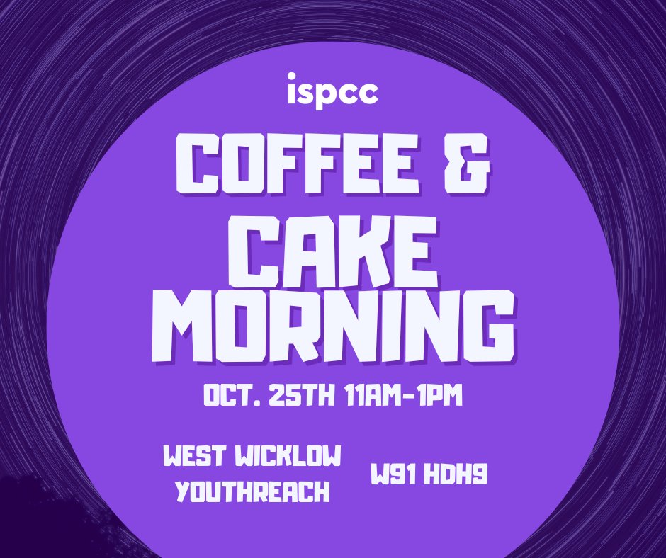 📣Join us for our ISPCC coffee &amp; cake morning fundraiser. Come along to Blessington Further Education &amp; Training Centre 25th of October 11am-1pm for some delicious eats and a good cause. 🍰☕️ 🫖
<a href="/westwicklowyr/">West Wicklow Youthreach - Blessington 🇪🇺 🇨🇮</a> @childlinebyispcc <a href="/ISPCCChildline/">ISPCC</a> #childline🌈 #ispccchildline <a href="/kwetb/">Kildare Wicklow ETB</a>