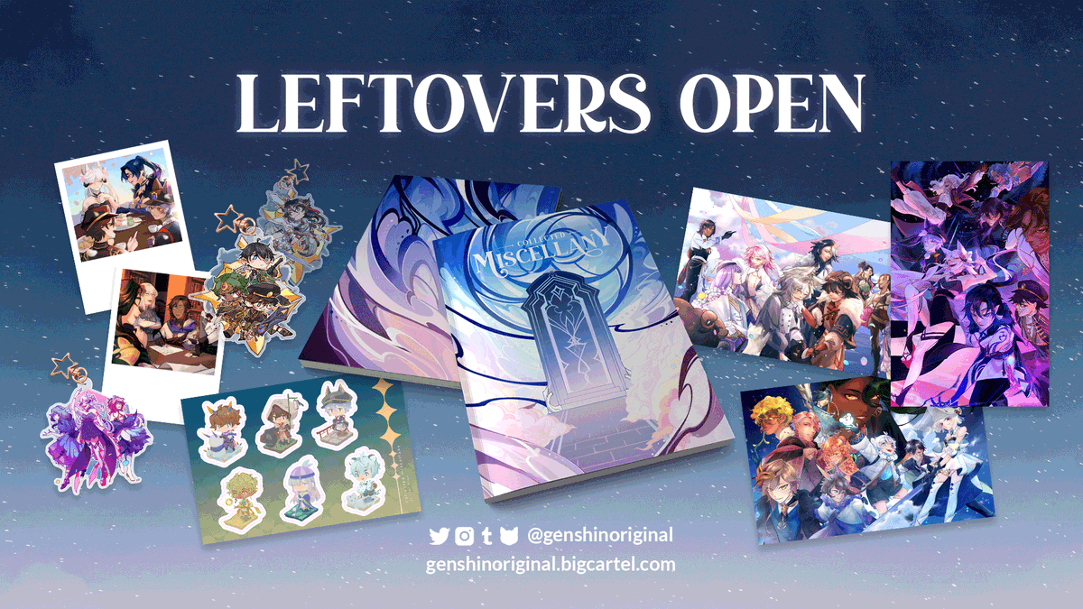 💫LEFTOVER SALES OPEN💫

Leftover sales for Collected Miscellany, a Genshin Impact OC Zine is open now until the 15th of November, 12pm CDT (GMT-5)! If you missed out on preorders, make sure to get your copy while you can!

🛒: genshinoriginal.bigcartel.com