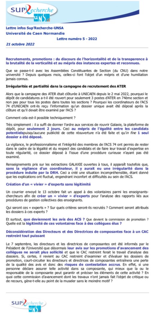 Lettre n°5. Recrutements, promotions : du discours de l'horizontalité et de la transparence à la brutalité de la verticalité et au mépris des instances expertes et reconnues. #unicaen #université #Caen #unsa