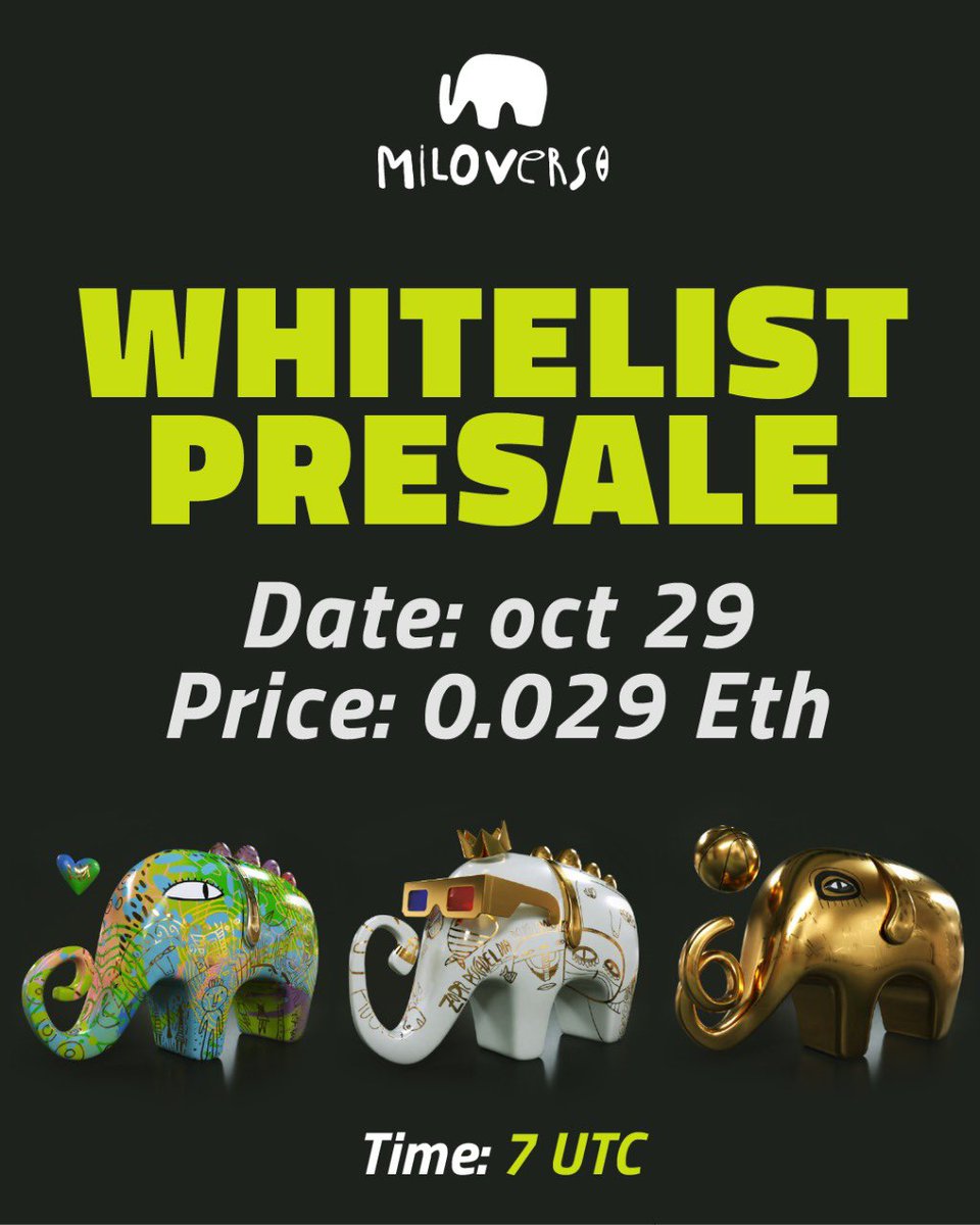 🎉WHITELIST PRESALE🎉

👁️Supply: 2,222
📆Date: Oct 29
💲Price: 0.029ETH
⏰Time: 7PM UTC

Save your spot👉premint.xyz/miloverso/