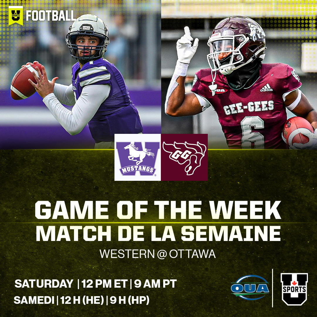 🏈 U SPORTS Football Weekend Watch: Off to the races with two top rushing attacks 

🏈 Événements de football du weekend : Duel des deux meilleures attaques au sol au menu 

<a href="/WesternMustangs/">Western Mustangs</a> | <a href="/uOttawaGeeGees/">uOttawa Gee-Gees</a> | <a href="/OUAsport/">Ontario University Athletics</a>

EN🔗bit.ly/3ETtIlr
FR🔗bit.ly/3SnOL2p