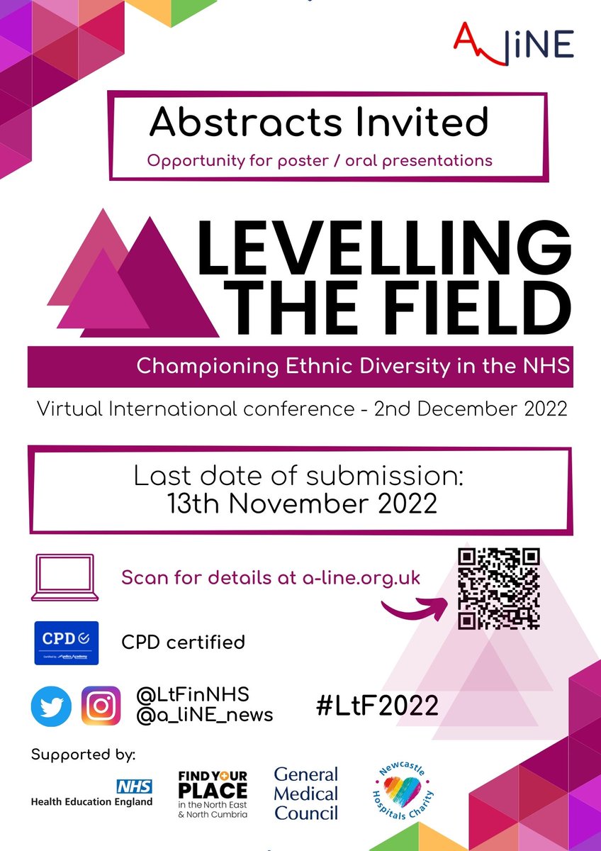 🌟Levelling the Field conference #LtF2022 ✊Championing Ethnic Diversity in the NHS 🗓️01/12- Empowering the International NHS workforce 🗓️02/12- Addressing the challenges of career progression focussing on #DifferentialAttainment 🆓Free 🎖️CPD certified 🖱️a-line.org.uk/events/levelli…