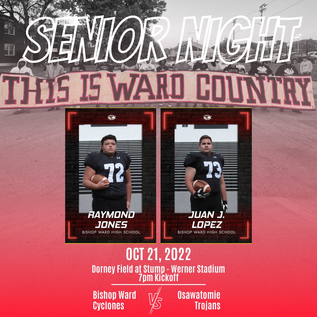 Come on out and support our seniors tonight!
🆚Osawatomie 
📅Oct 21
⌚️7pm
📍Dorney Field at Stump-Werner Stadium