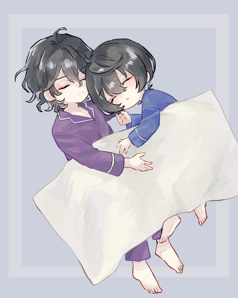 multiple boys 2boys sleeping closed eyes black hair male focus barefoot  illustration images