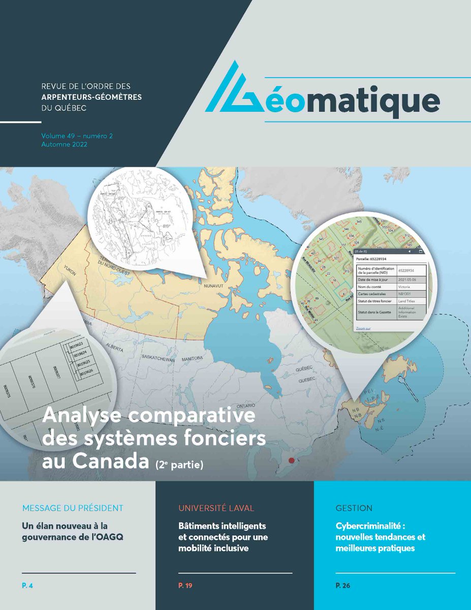 [REVUE GÉOMATIQUE] Le numéro « Automne 2022 » de la revue Géomatique est maintenant disponible. Bonne lecture!

En manchette : Analyse comparative des systèmes fonciers au Canada (2e partie).

#oagq #Géomatique #arpentage

console.vpaper.ca/g%C3%A9omatiqu…