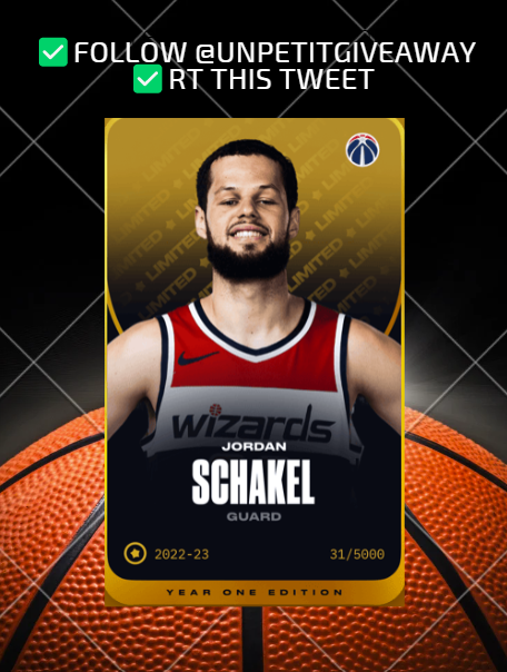 🎁#Giveaway #SorareNBA 🏀

 Jordan Schakel des Wizards à gagner 👀

✅RT 
✅Follow  <a href="/Unpetitgiveaway/">Un Petit Giveaway ?</a> 

⏳27/10 à 21h

#SorareGiveaway #NFTGiveaways #ETH #TeamSorare #NFTGiveaway #Concours #Crypto #NFTs  #NFTProject #NBA  #SorareNBA