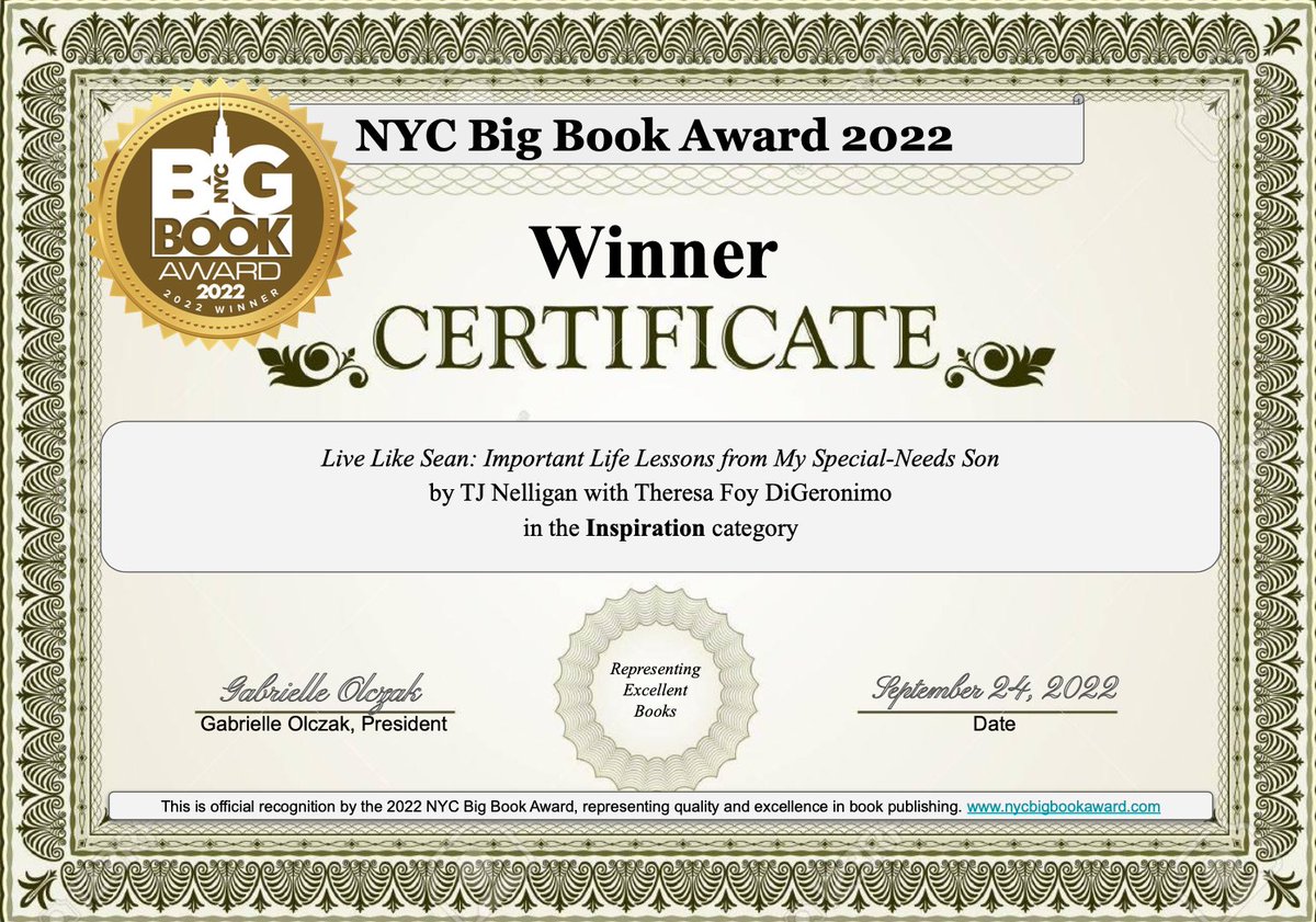 Sean's book continues to inspire, winning its 6th award. Thank you <a href="/GabbyBookAwards/">NYC Big Book Award / Independent Press Award</a> for recognizing #LiveLikeSean in the #inspiration category. Sean's #lifelessons continue to resonate, not with just parents of those with #specialneeds, but anyone who wants to better themselves.