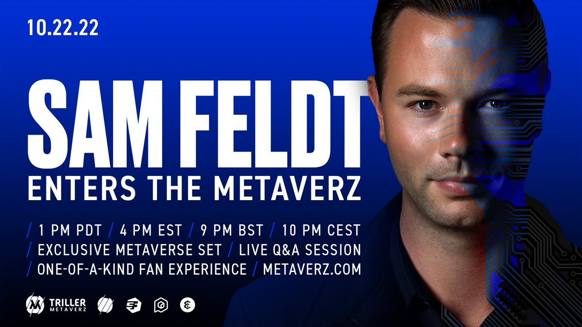 triller's tweet photo. DJ @SamFeldt enters the Metaverz on Oct. 22! 🚀https://t.co/H6qCZDINLL to attend!

10 PM CEST
1 PM PDT
9 PM BST
4 PM EST

*This event will only be accessible via google chrome* @TheMetaverz @EpikPrime @paxworldteam https://t.co/GLp08n77Xa