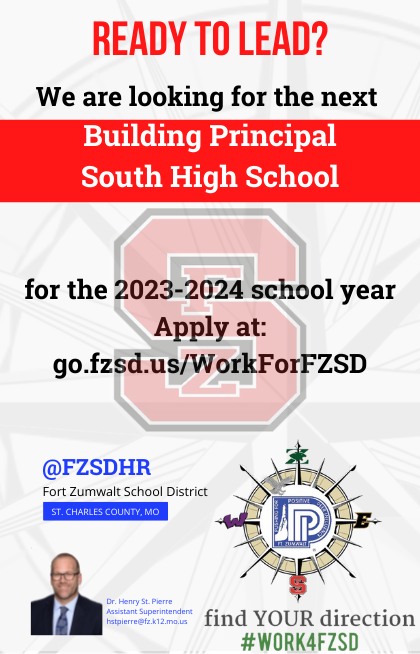 FZSDSUPT's tweet photo. The Fort Zumwalt School District is looking for a dynamic leader to guide the students, faculty, staff, and community at South High School.  You'd look good in Bulldog Red! https://t.co/x8GpK28ANm