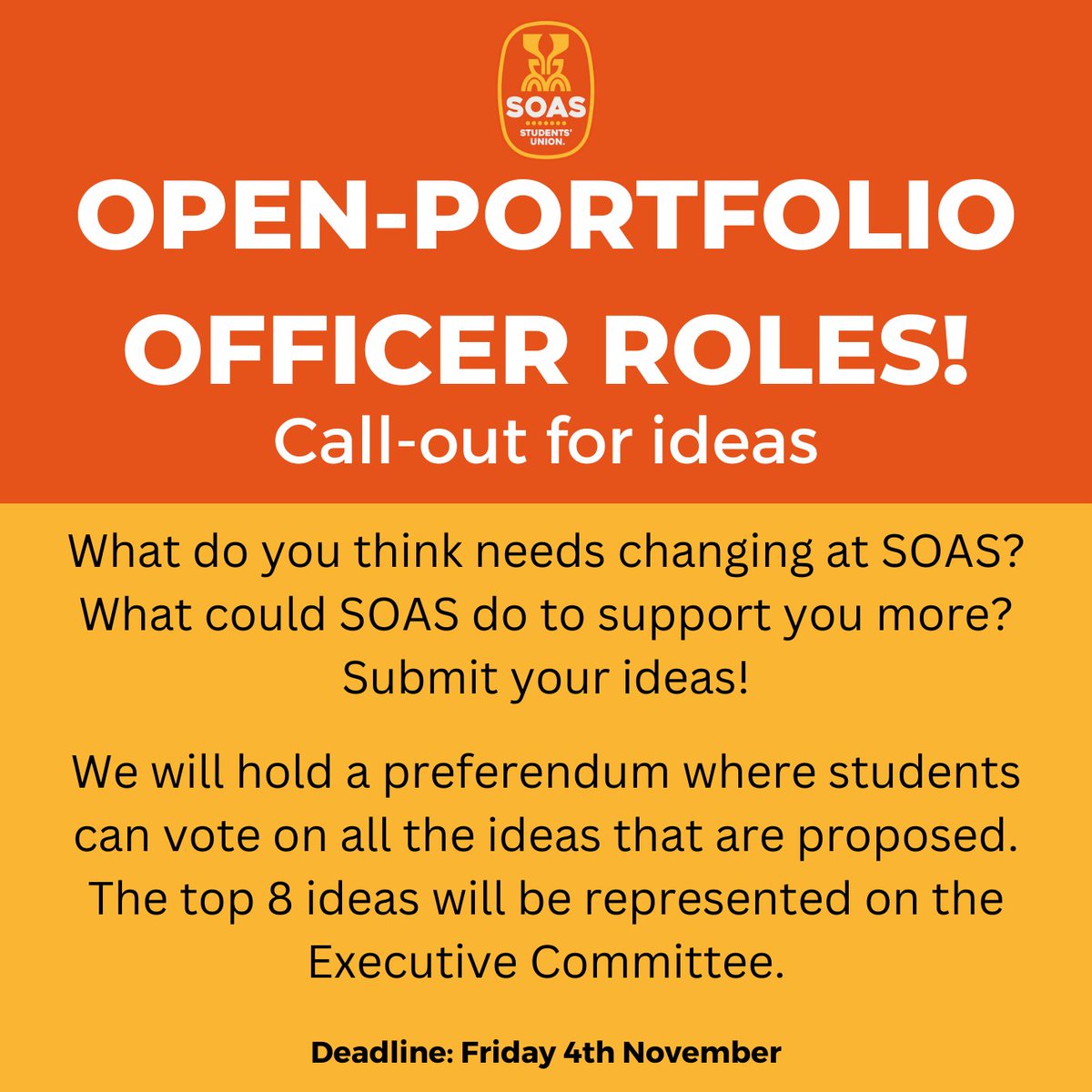 We want as many students as possible to submit ideas about what they think is important and needs changing at SOAS. These ideas could relate to any aspect of student life. Submit your ideas using the form linked below: forms.office.com/r/qm2qthvJnK