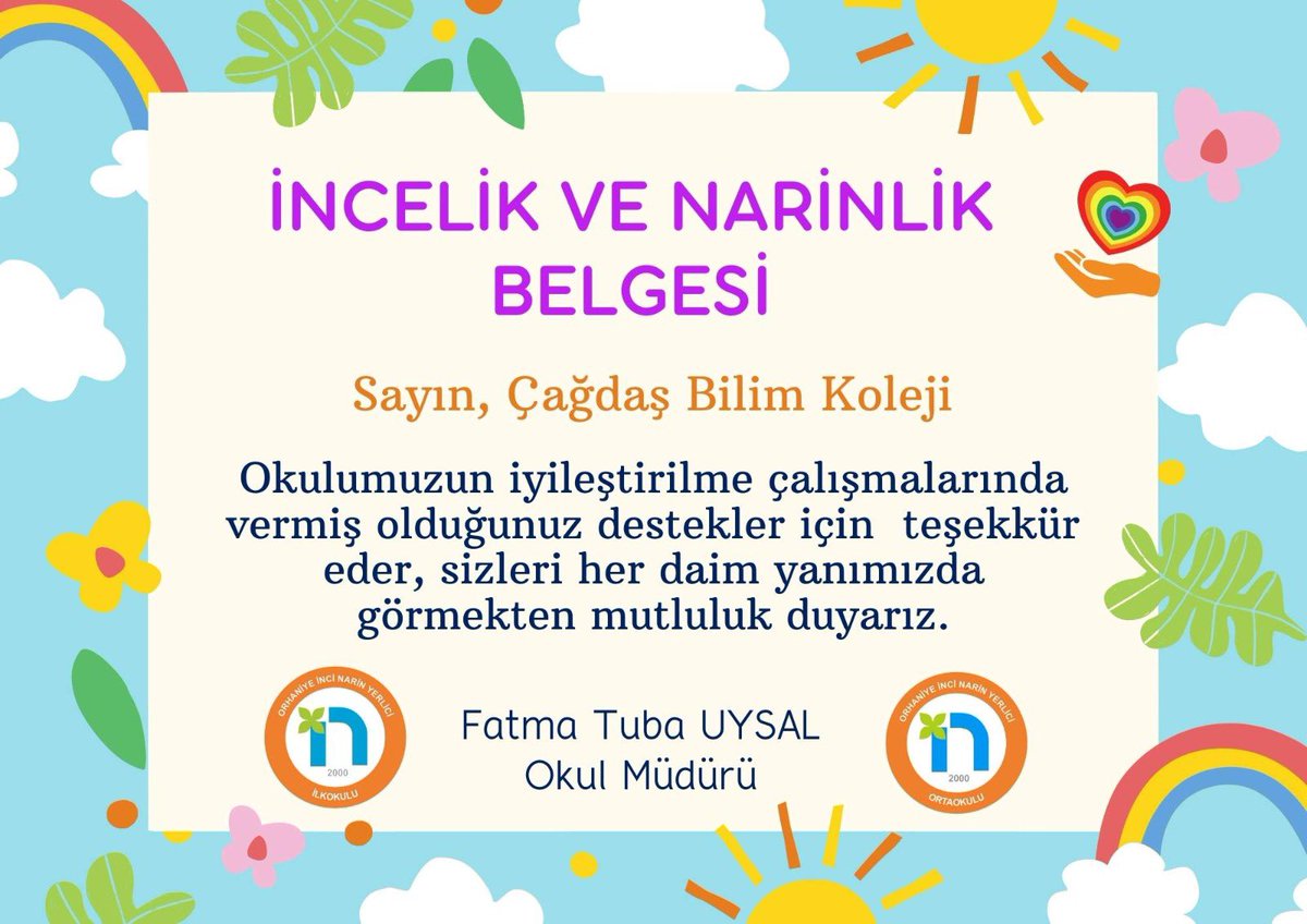 Kardeş Okulumuz Orhaniye İnci Narin Yerlici İlköğretim Okulundan gelen "İNCELİK VE NARİNLİK BELGESİ" bizleri son derece mutlu etti. Yeni projelerde birlikte olmak dileğiyle kardeş okulumuza başarılar diliyoruz.

<a href="/MarmarisMem/">Marmaris İlçe Millî Eğitim Müdürlüğü</a> <a href="/mugla_mem/">Muğla İl Millî Eğitim Müdürlüğü</a> <a href="/OrhaniyeO/">ORHANİYE İNCİ NARİN YERLİCİ İLK VE ORTA OKULU</a> <a href="/sibelkisaerbaa/">Sibel Kısa</a> <a href="/emrecay55/">Emre ÇAY</a>