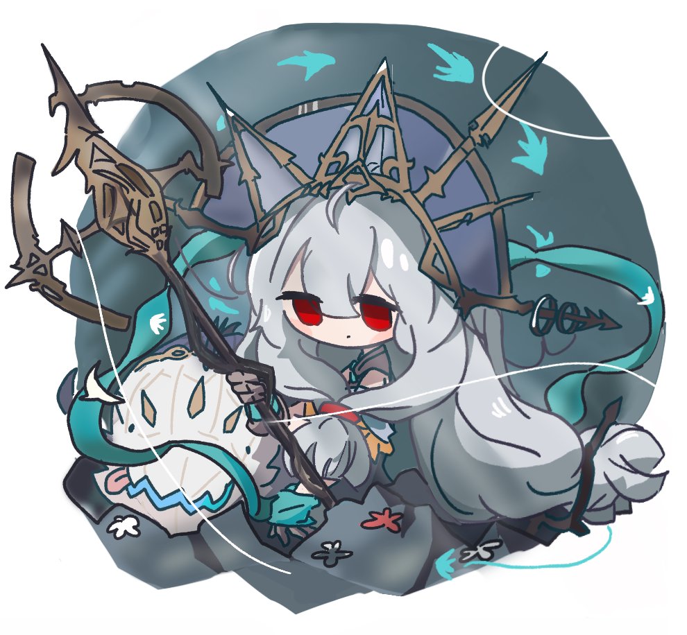 skadi (arknights) ,skadi the corrupting heart (arknights) phoenix crown 1girl red eyes long hair dress grey hair chibi  illustration images