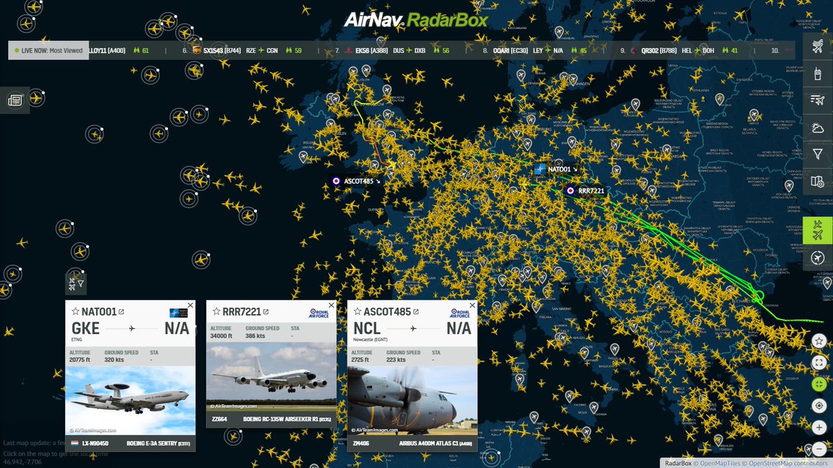 AirNavRadar's tweet photo. 📡Top 3 most tracked flights:
#NATO01, #RRR7221, #ASCOT485✈️
Track them all: https://t.co/HGuH1SaVYV📡
#Aviation #Multiselect #FlightTracking https://t.co/nPJmZxku1d