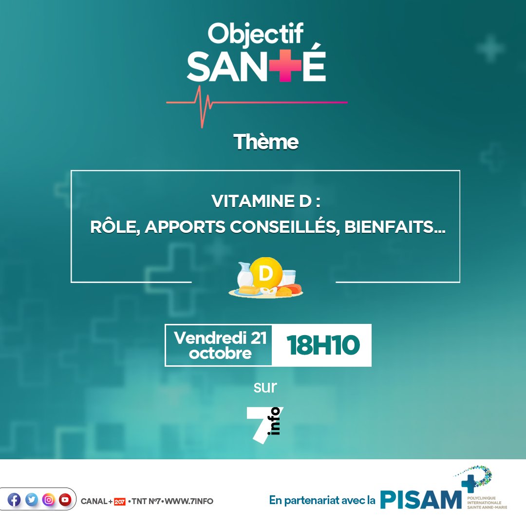 7infoci's tweet photo. Retrouvez le nouvel épisode de Objectif santé sur 7info, en partenariat avec la #PISAM.
💬 Thème : #vitamineD : rôle, apports conseillés, bienfaits...
📅 Date : vendredi 21 octobre
🕐 Heure : 18h10
• TNT n°7 | Canal+ n°207 | TV d'Orange
• #7info | #ObjectifSanté | #CIV225 https://t.co/EEQIPOy2jx
