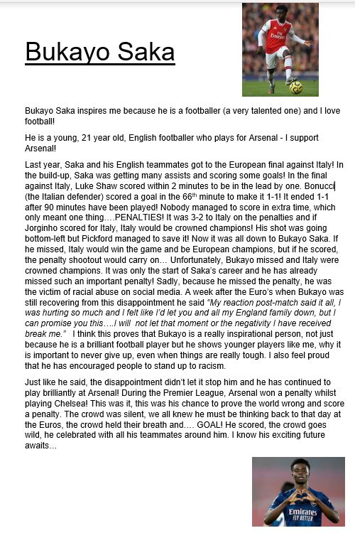 VProwse's tweet photo. My son, Theo just completed his homework to write about an inspirational person, @BukayoSaka87 this is for you! It is his dream to meet you one day! Thank you for being such a positive inspiration to him and many others! #arsenalfan #inspirational #number1fan https://t.co/SrElnhBtVZ
