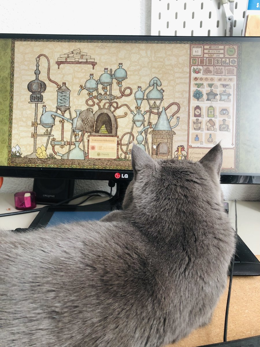 Pirita_Studio's tweet photo. So... Our cat is positively obsessed with the adorable @PotionCraftGame
As soon as he overhears the music, he stops whatever he's doing and lays down in front of my monitor. Always.
He has never shown the same interest in #Mutropolis though. ๐คฆ๐ปโโ๏ธ https://t.co/Ni5N9e5ZFX