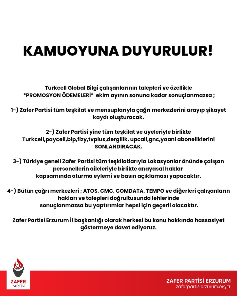 Kamuoyuna Duyurulur!
Çağrı merkezleri çalışanları ve Turkcell Global Bilgi çalışanları hakkında genel duyrumuz.

Yetkililer için SON ÇAĞRIMIZ !

#BizBuradayız ya Siz ?
#HepSöylerim
#PromosyonNerede
#TurkcellGlobalBilgiPromosyonHakkınıVer