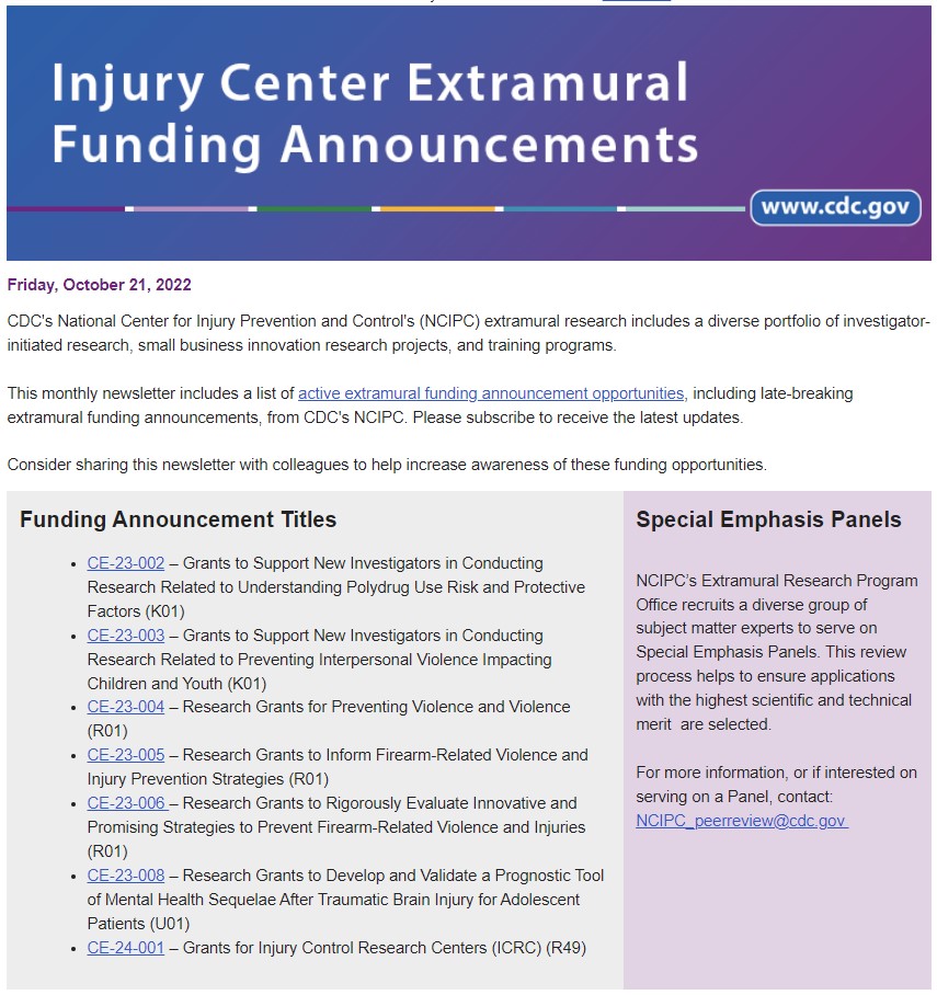 The CDC recently announced several research funding opportunities for firearm injury prevention.  Deadlines in January 2023 - time to get to work on these proposals!
#firearminjury #gunviolence