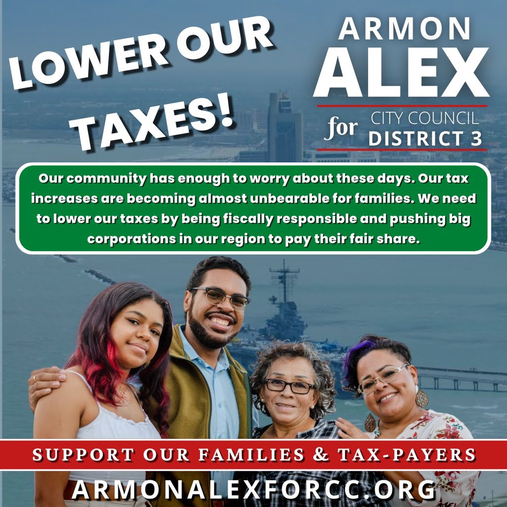 ArmonAlexForCC's tweet photo. 💰We can reduce our taxes by holding multi-million dollar corporations accountable, rebudgeting our city budget to prioritize people first, and being fiscally responsible! Armon is tough enough to stand up for our tax-payers & families!
#ArmonAlexForCC #MoveCorpusForward https://t.co/4FK3RG6OXx