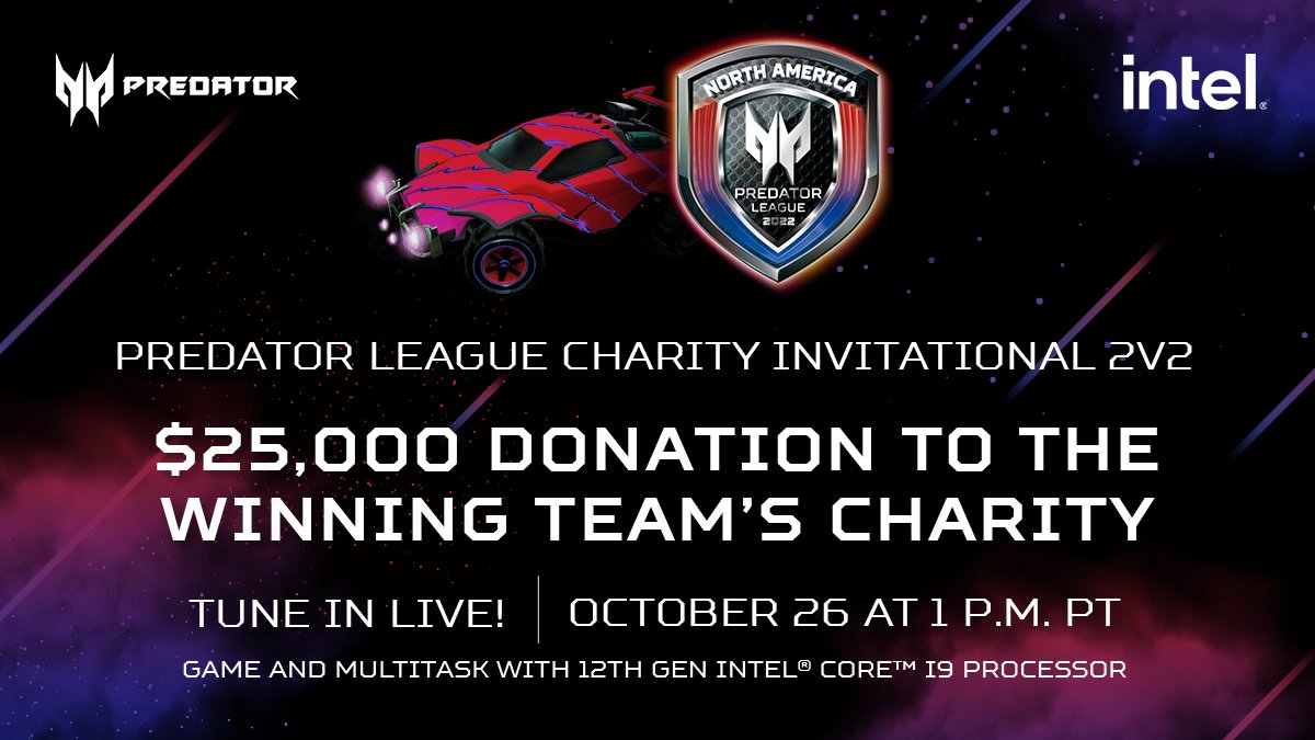 Predator_USA's tweet photo. The Predator League Charity Invitational will give you awesome 2v2 action—and give back. The winning team’s charity will get a $25,000 donation, and all others will get $3,000. Join us and @IntelGaming on October 26 at 1 p.m. PT at https://t.co/ADWsvSlwnp. #12thGen #GameWithIntel https://t.co/bhhoGjIhcq