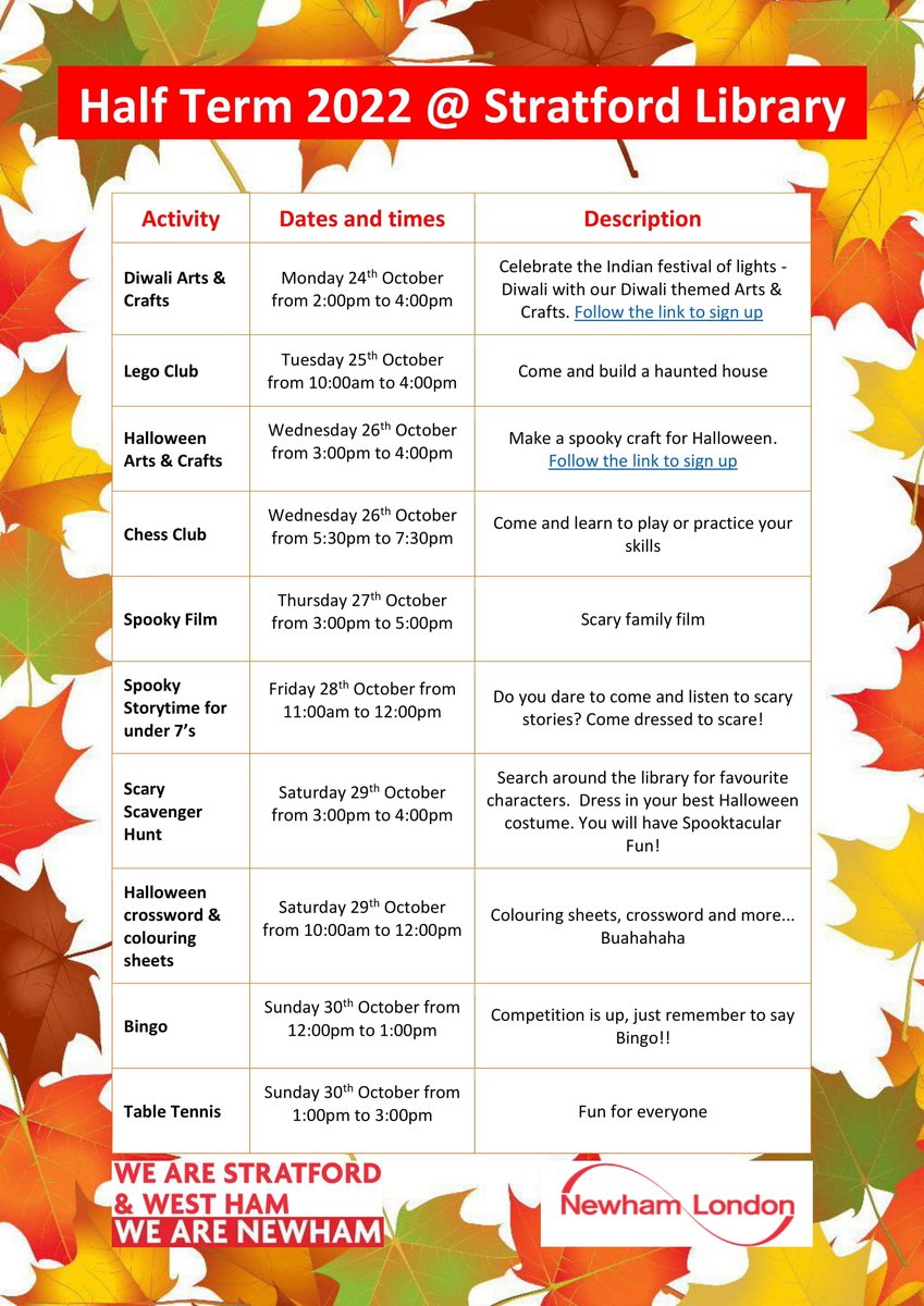 NewhamLibraries's tweet photo. Have some skele-fun this half-term at #Stratford Library! Look at all the exciting #Halloween and #Diwali activities we have on at #Newham Libraries. Free and open to everyone. Be there or be scared! 

See below and choose your events.  👇 https://t.co/bFKas5BeZx