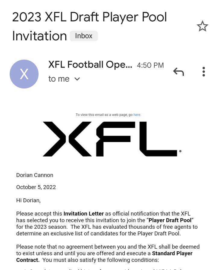 DorianCannon5's tweet photo. #XFL Player Draft - Pool invitation 🙏🏾🥹❗I wanna give a huge thank you to @TheRock and the @XFL2023 for giving me this amazing opportunity to possibly be picked by 1 of many great teams. IM READY 🙏🏾💪🏿
#GodSpeed 
#NFLdraftdiamonds https://t.co/KCoE9N8iUA