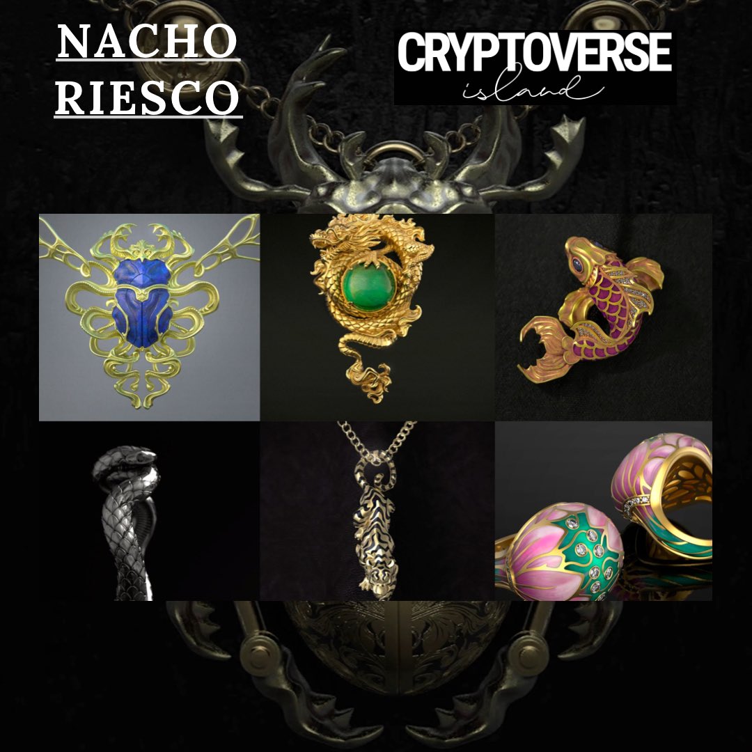 cryptoverseisla's tweet photo. ARTIST CONFIRMED 

Nacho Riesco 

 Macho Riesco focus his work in Organic Jewelry Designs, jewelry themed pieces inspired from nature depicting figurative forms of plants animals and flowing curved lines.

#cryptoverseisland https://t.co/Ji29NDBOUI