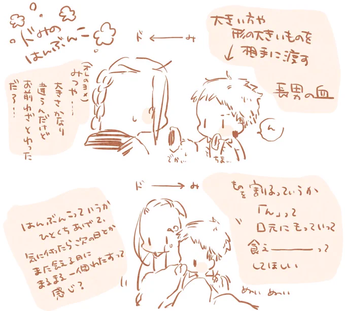 三ツ谷くんは自分で自分の機嫌とれる子だけど、ドくんが自分を気にしてくれているという優越感と嬉しさでわざとツーン(オレの構え、お前の番だぞ!)としていてもいいなと思いました今日この頃。
余談ですがドみのわけっこ事情を描きたくなったのでササッとらくがきしました! 