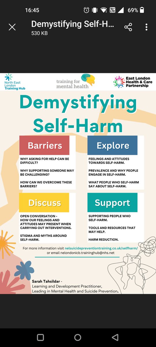 neltraininghub's tweet image. Join @SarahTahsildar on a workshop to learn and reflect on all things concerning Self-Harm. Workshops are funded for all NEL staff working in Public Sector.

Register here: bit.ly/3eUwlcc

#SelfHarm #MentalHealth