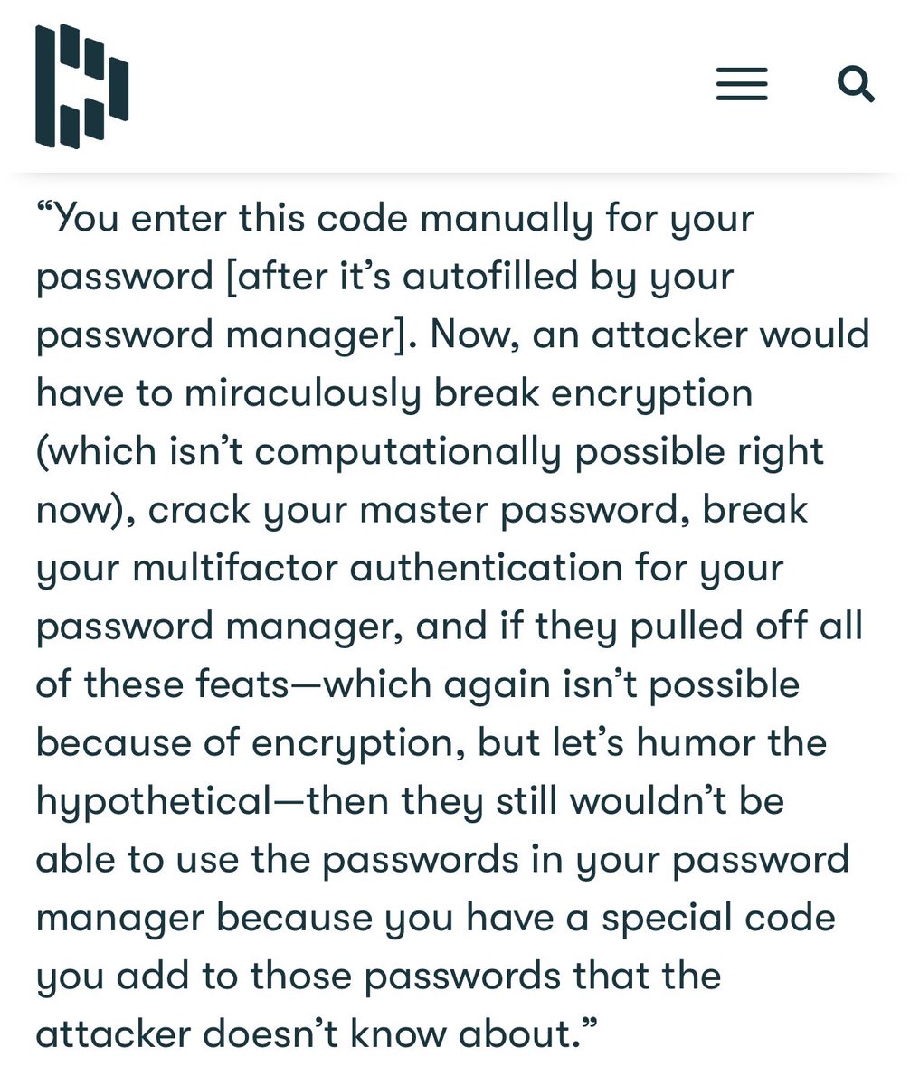 RachelTobac's tweet photo. If you still feel ultra paranoid about using a password manager &amp; it’s affecting your ability to stop password reuse: take the paranoid step of salting your password manager passwords. Then in the hypothetical state of broken encryption you’re still safe! https://t.co/b65HOpWNfU https://t.co/U6v9PRfC7n