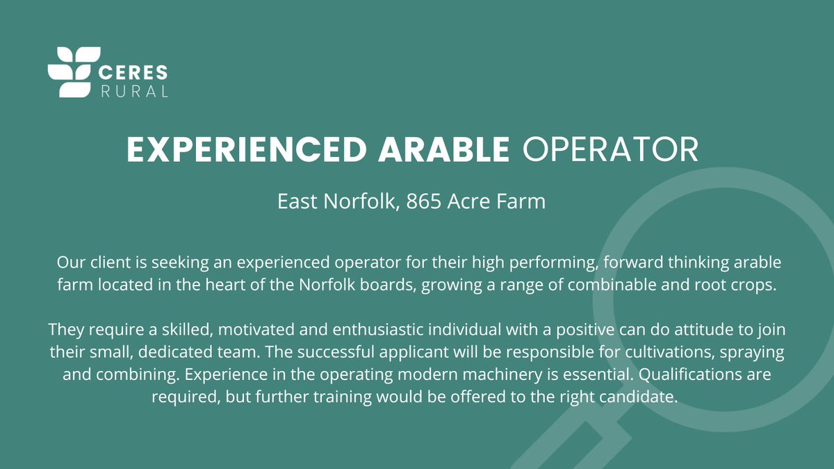 ceresrural's tweet image. Are you an arable operator wanting a new challenge? If so, then apply for this fantastic role, or discuss it further with Jason: jason.cantrill@ceresrural.co.uk 07592041506. Competitive package available. #farmingjobs #ruraljobs #arableoperator #arablejobs #jobsinagriculture