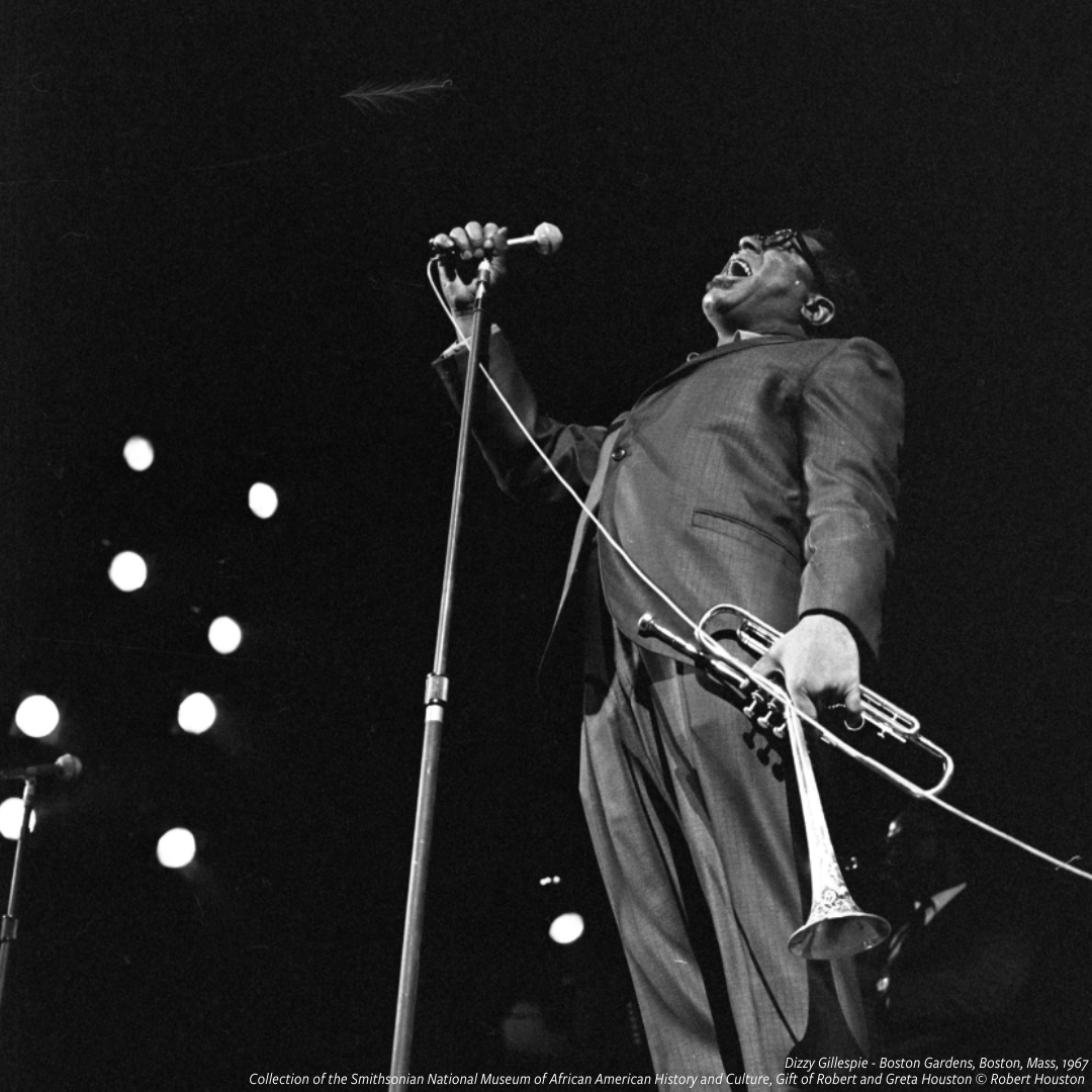 NMAAHC's tweet photo. Dizzy Gillespie, one of the most influential jazz musicians of all time, was born #OnThisDay in 1917. 

Born John Birks Gillespie, he revolutionized jazz in the 1940s &amp; was a key figure in the creation of bebop, along with Charlie Parker, Thelonious Monk &amp; Mary Lou Williams. https://t.co/9FtYTHRhgU