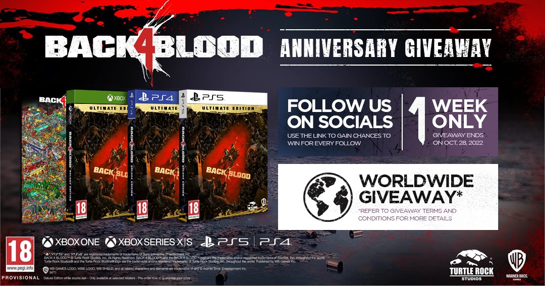 back4blood's tweet image. We're teaming up with @SpaceTime_GG to give out some Back 4 Blood goodies to celebrate our 1 year anniversary! We've got a handful of posters, physical copies, and other memorabilia to give away! Check out the link on how to enter for a chance to win!
bit.ly/3VMbWGU