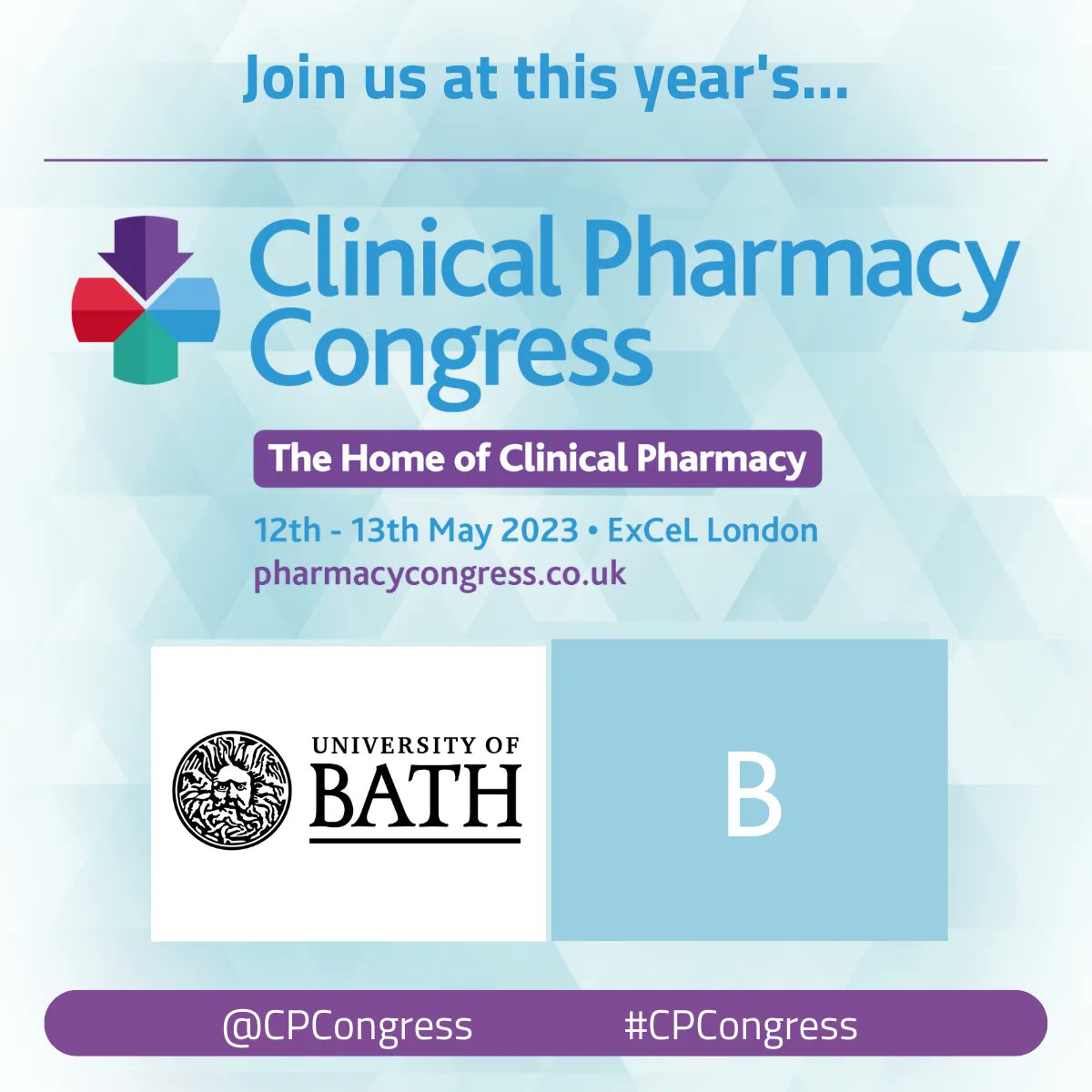 We are happy to announce that the <a href="/UniofBath/">University of Bath</a> will be exhibiting at next year's Clinical Pharmacy Congress ➕
Be sure to visit them to find out about their clinical pharmacy postgraduate studies

You can register your interest for the show here:
buff.ly/3HIgpDV
