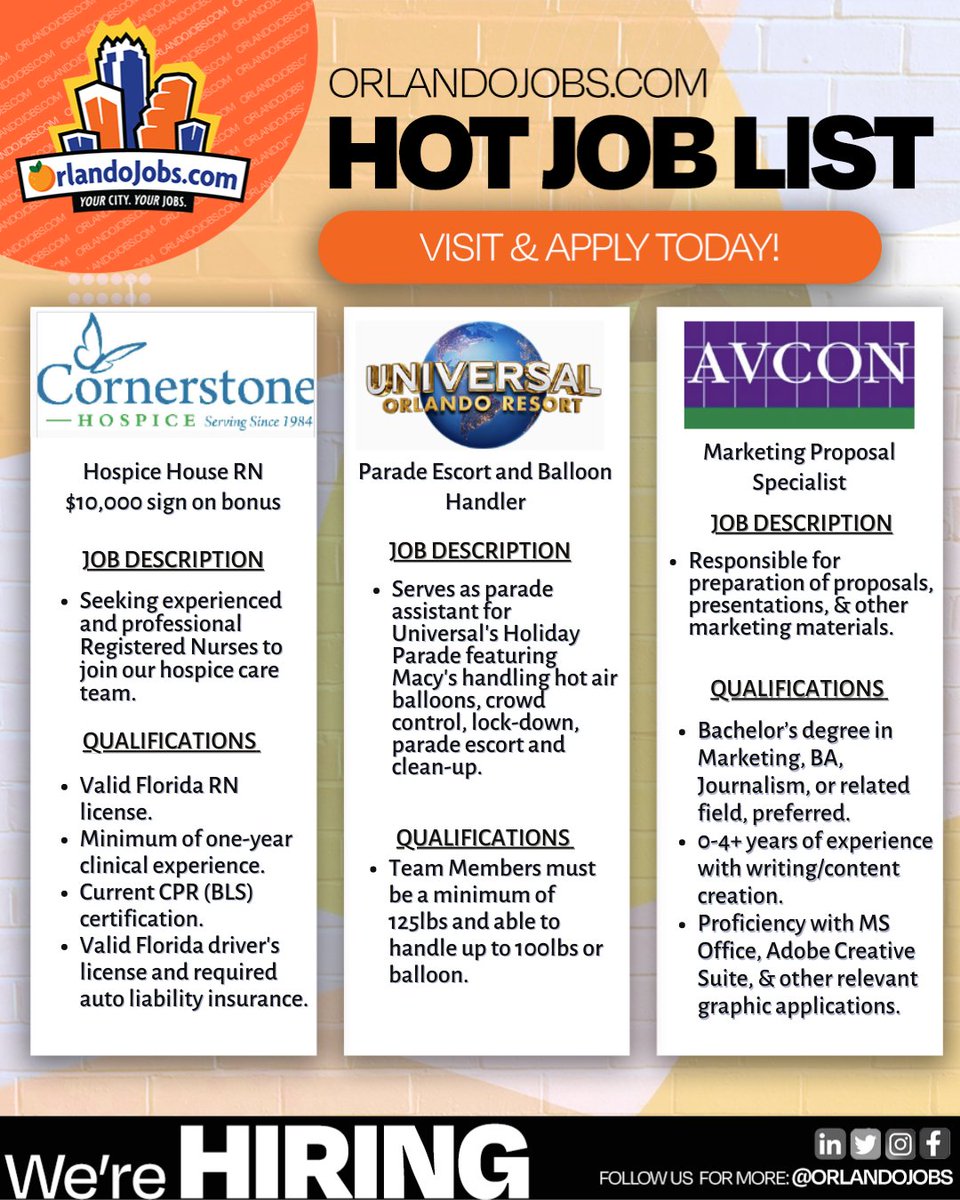 OrlandoJobs's tweet photo. Here are the hottest jobs of the week. It's time for you to be hired by employers. 

⚫  @CS_Hospice: Hospice House RN

⚫@UniversalORL: Parade Escort and Balloon Handler

⚫@AVCONINC: Marketing Proposal Specialist

#Orlandojobs #hiring #marketingspecialist https://t.co/ZzNXczuwzu