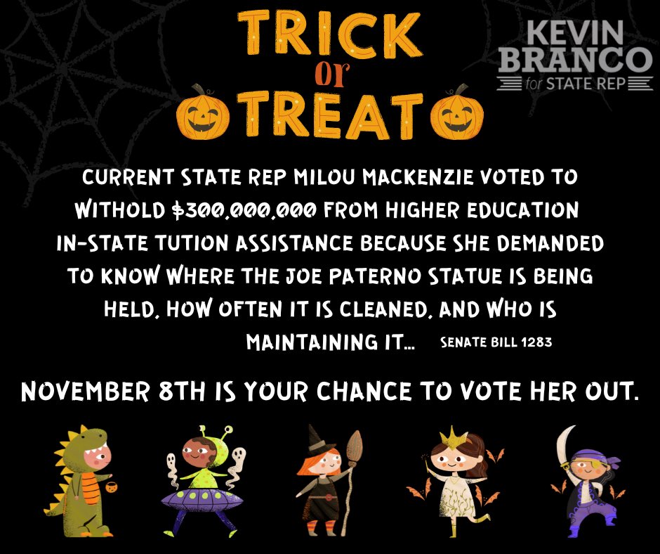 branco4staterep's tweet photo. 🎃Tricks: My opponent’s voting record is full of them! She voted to WITHOLD $300MILLION in-state tuition assistance to #PSU over the location &amp; cleaning methods of a statue.

🍭 Treats: Voting records are public.

#Halloween 
#Election2022 https://t.co/caAhwvVCjb https://t.co/DOqpjPnEIx