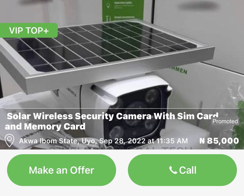 My neighbor has been complaining to me lately how she suspects people are stealing from her provision store. I've sent her this solar wireless security camera I found on this jiji.ng seller's page. If she gets one or two of it, it'll help monitor her shop well.